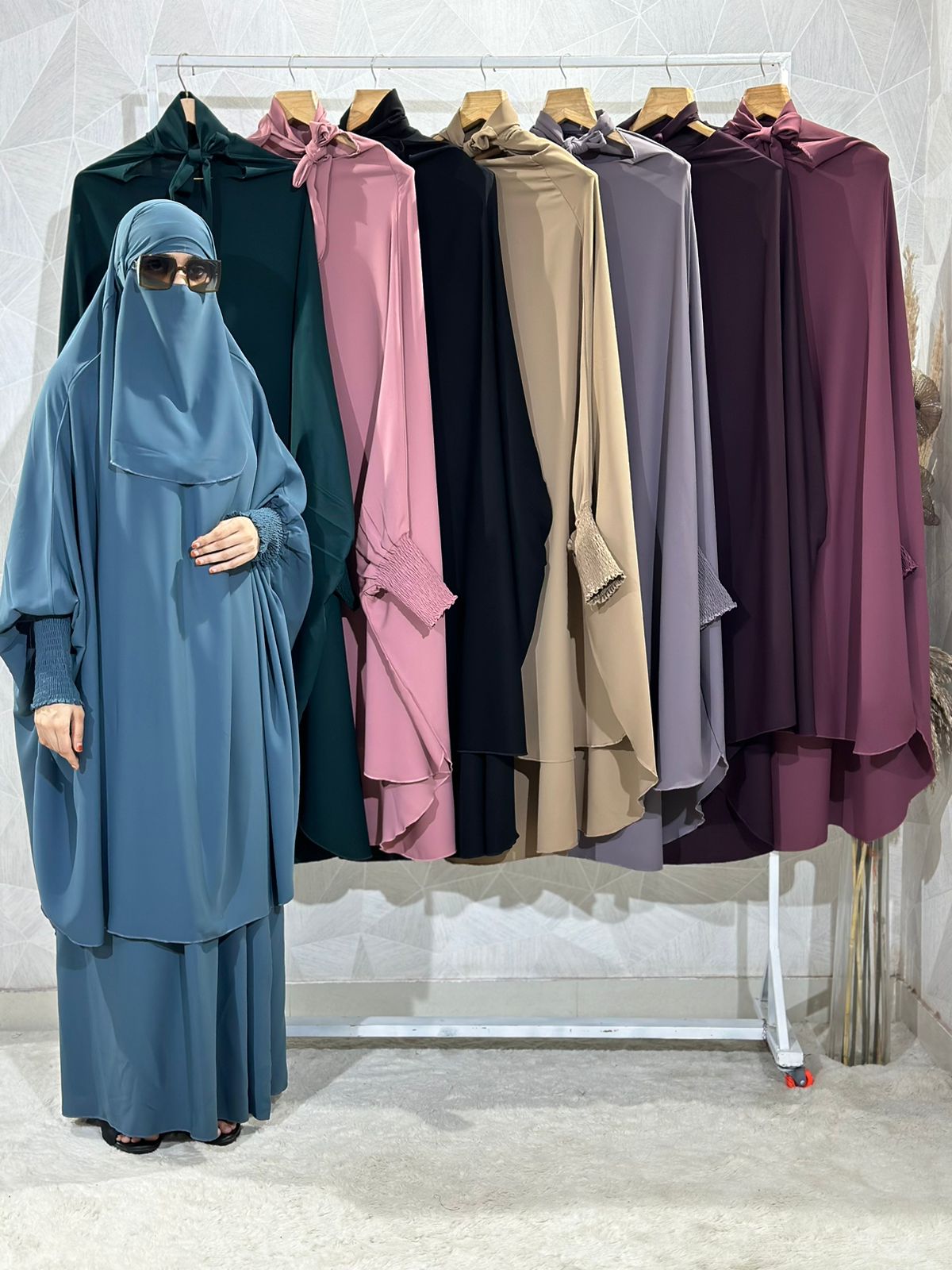 Teal Blue 3-Piece Jilbab Set ( skirt, nose piece & Jilbab ) – Premium Parada Fabric