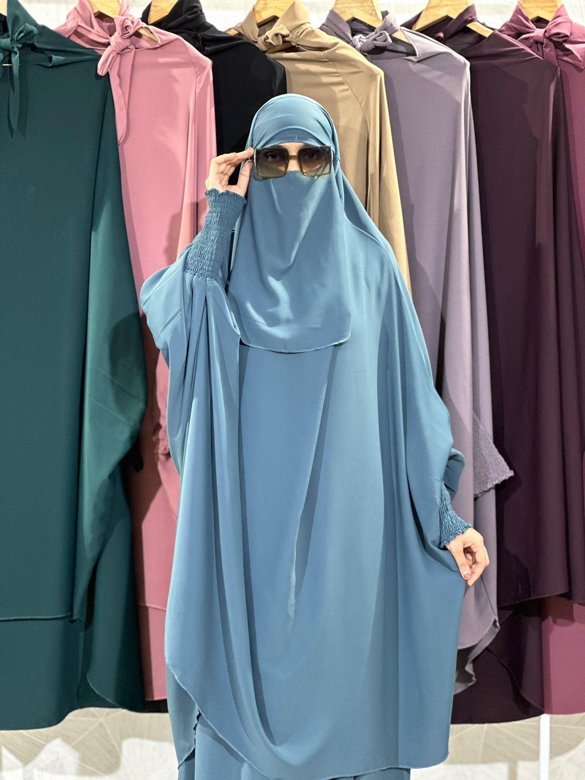 Teal Blue 3-Piece Jilbab Set ( skirt, nose piece & Jilbab ) – Premium Parada Fabric