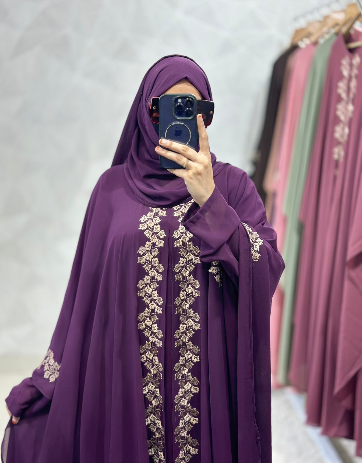 Purple Abaya Kaftan Burqa Indonesian Diamond Chiffon Floral Dubai Style