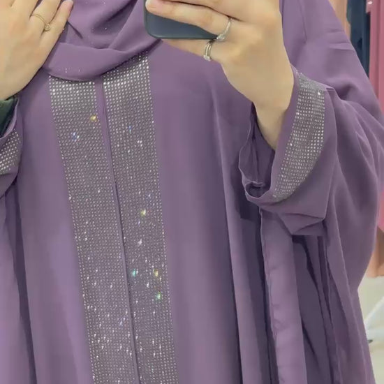 Indonesian Heavy Diamond Chiffon Double Layer Dubai Style Kaftan with Modern Butterfly Stonework - Elegant Purple Abaya
