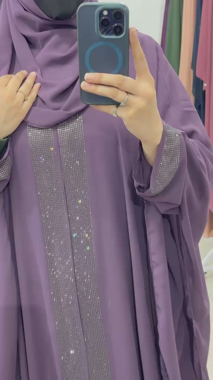 Indonesian Heavy Diamond Chiffon Double Layer Dubai Style Kaftan with Modern Butterfly Stonework - Elegant Purple Abaya