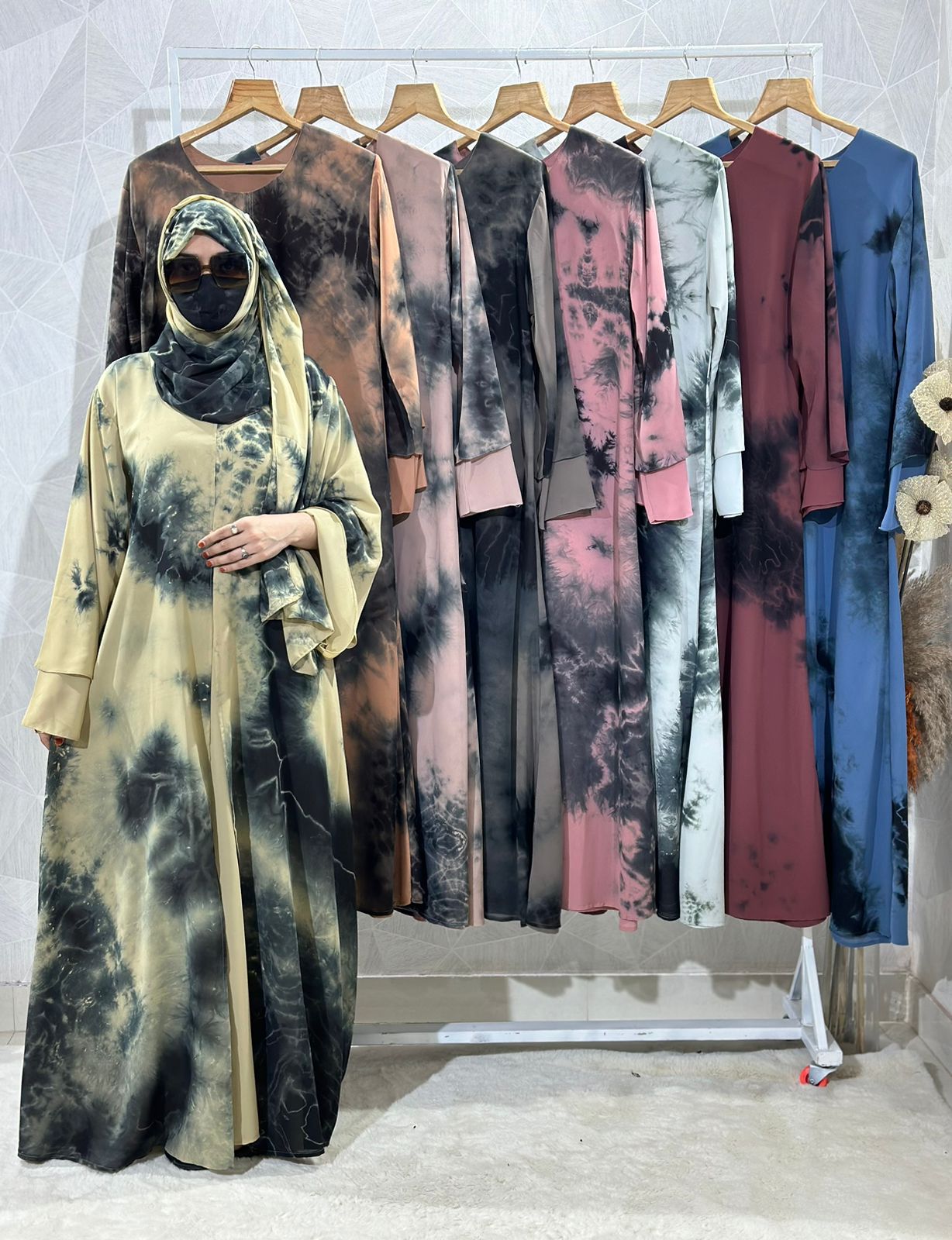 Dubai Style Double Layered Tie Dye Printed Diamond Chiffon Abaya Ele HalalSauda